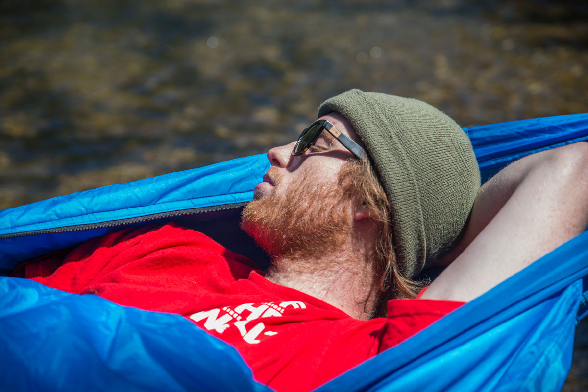 Bison Bag creator Lance Williams sleeping in his hammock