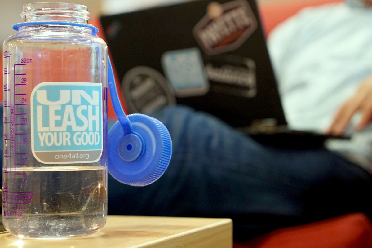 A water bottle with One4All slogan "Unleash Your Good"