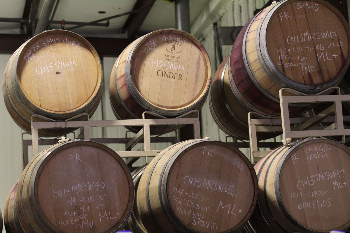 Wine barrels with one marked "Cinder"